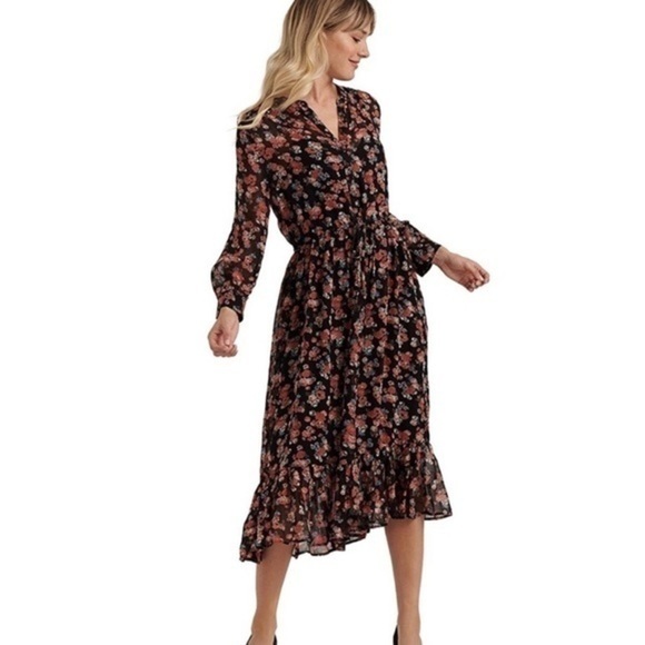 Lucky Brand Georgia Long Sleeve V Neck Button Up Tie Waist Floral Midi Dress S - Picture 1 of 16